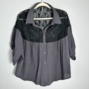 Free People Size-L Top Crop Gray Black Lace Roll-Tab 3/4 Sleeves Oversized